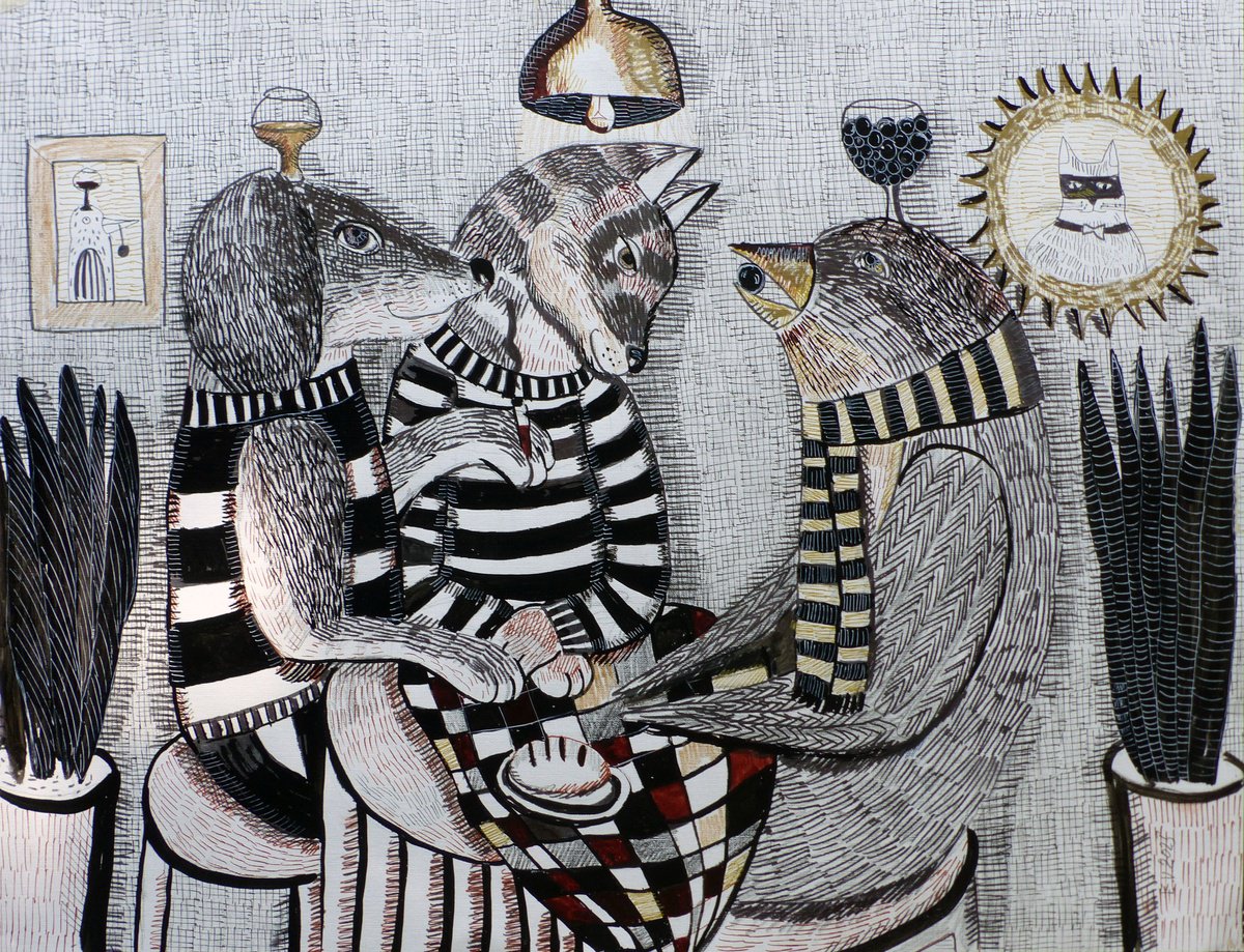 Animal Drawing By Elizabeth Vlasova, 25 X 20, Secret Meetings, Original Artwork