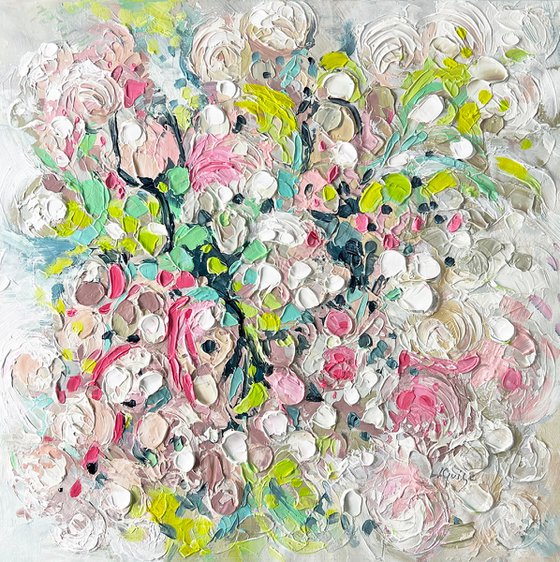 Shadow Dance - 3D White Beige Pink Green Yellow Multicolor Abstract Painting  Flower Original Plant Texture Painting