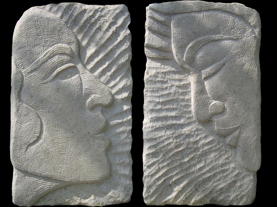 Morning and Evening; double-sided stone carving 29cm high