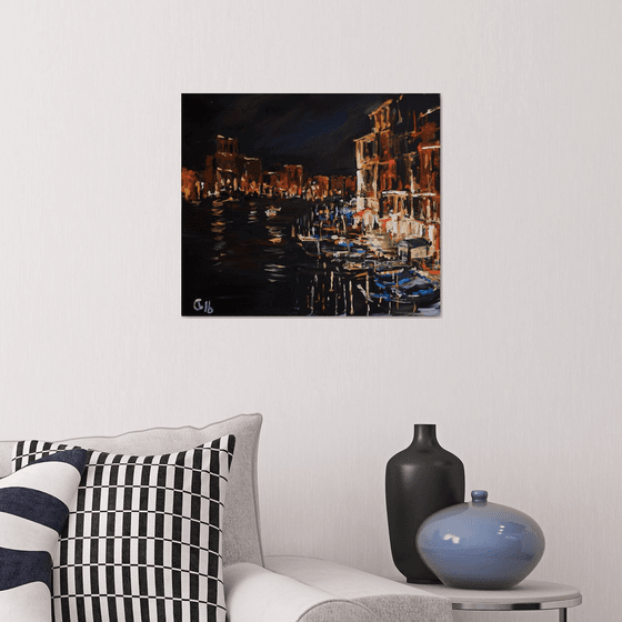 Night Venice. Original oil painting. Italy black bright light reflections medium size impressionism impression colors travel decor