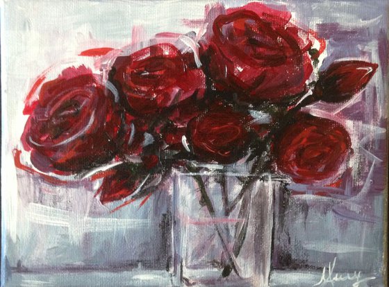 Red roses, Acrylic painting on MINI (15x20cm) (6x8inch) canvas
