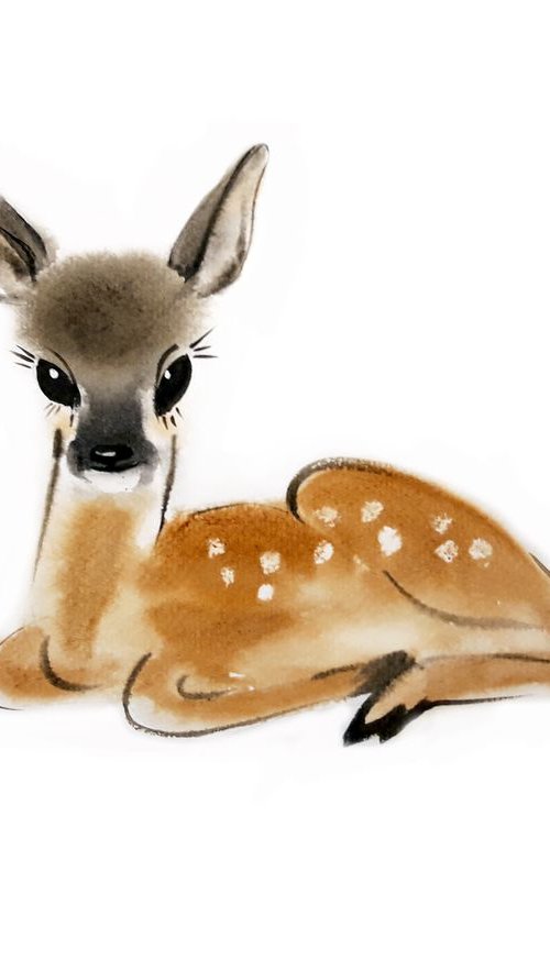 Fawn Baby Deer - fawn lays in the snow by Olga Beliaeva Watercolour