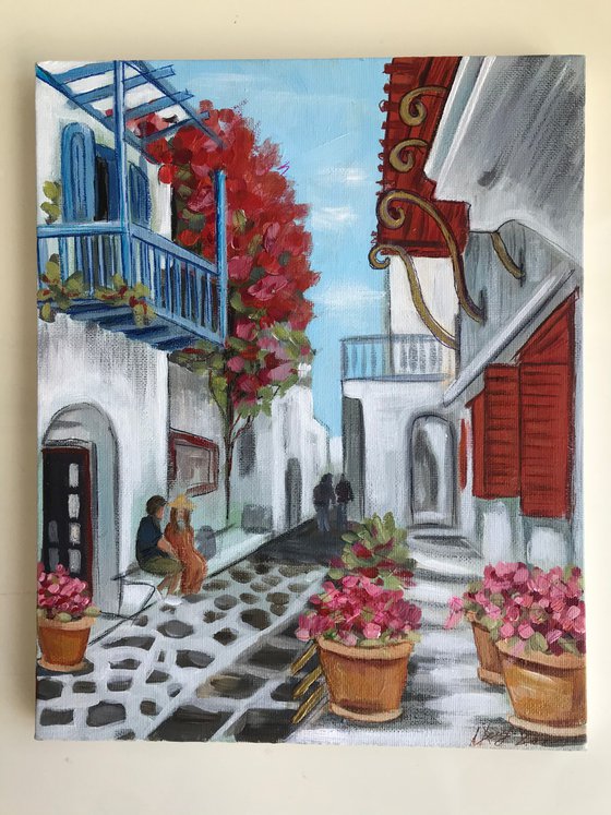 Greece artwork, acrylic cityscape Mykonos 22x28cm