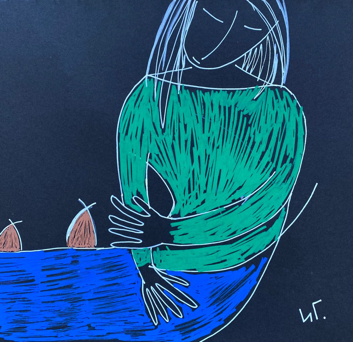 Naive Portrait Drawing By Irina Goleva, 7 X 7, Lap, Original Artwork