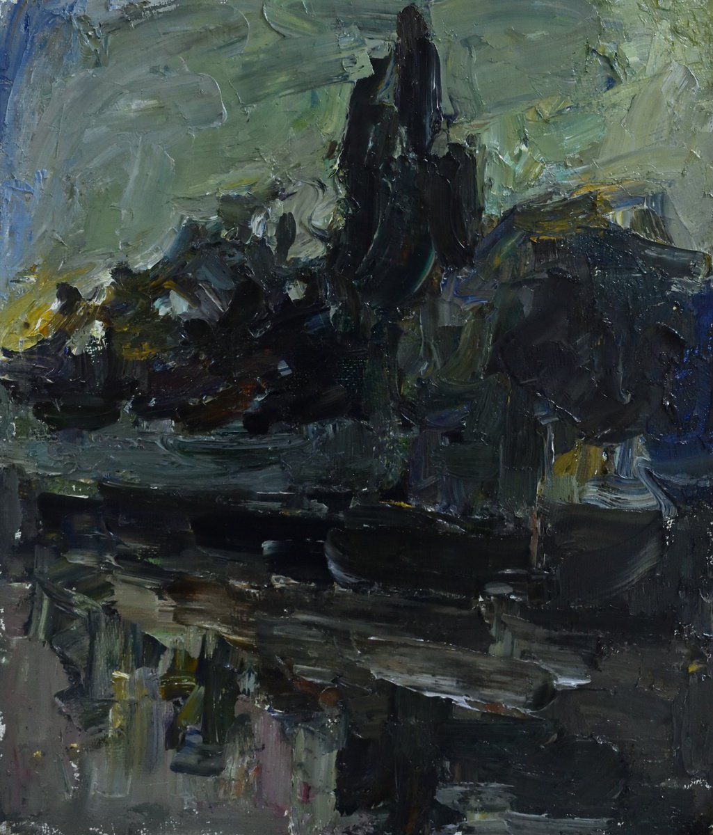 Impressionistic Landscape Oil Painting By Stanislava Cherkasova, 24 X 28", By The Pond, Original Artwork