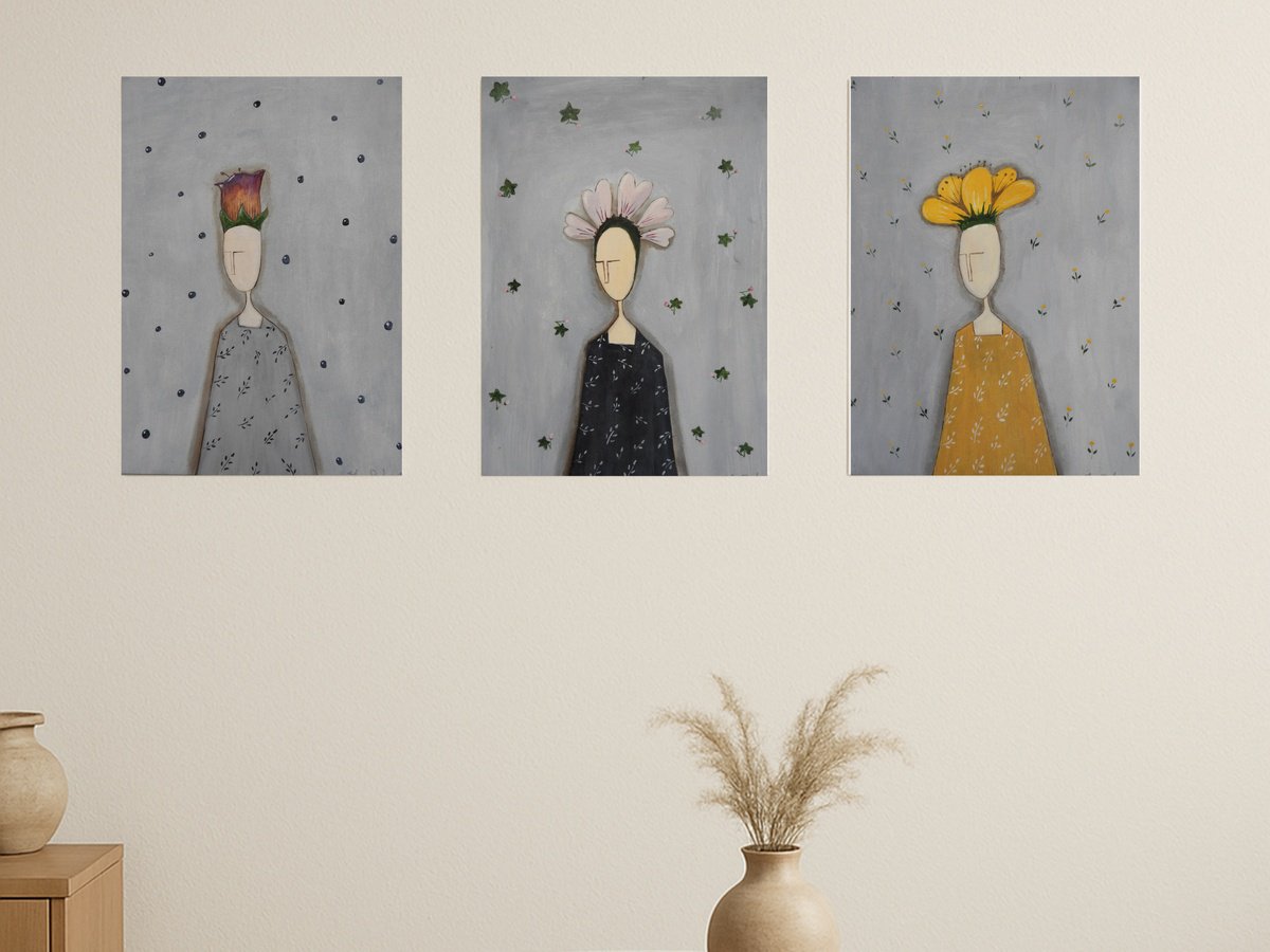Illustrative Portrait Oil Painting By Silvia Beneforti, 25 X 12", Thinking About Wild Plants, Set Of 3, Original Artwork