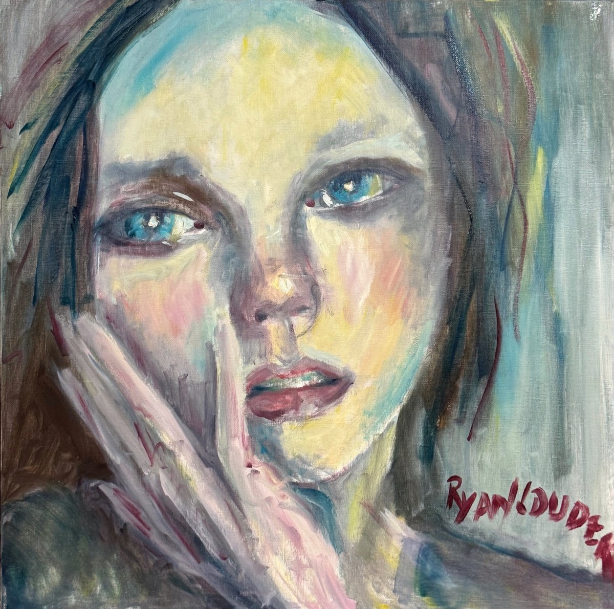 Expressive Portrait Oil Painting By Ryan Louder, 20 X 20", She Is, Original Artwork