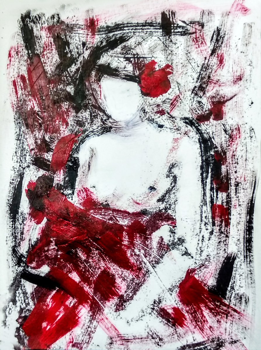 Woman in Red 1 Woman waiting - Monoprint by Asha Shenoy