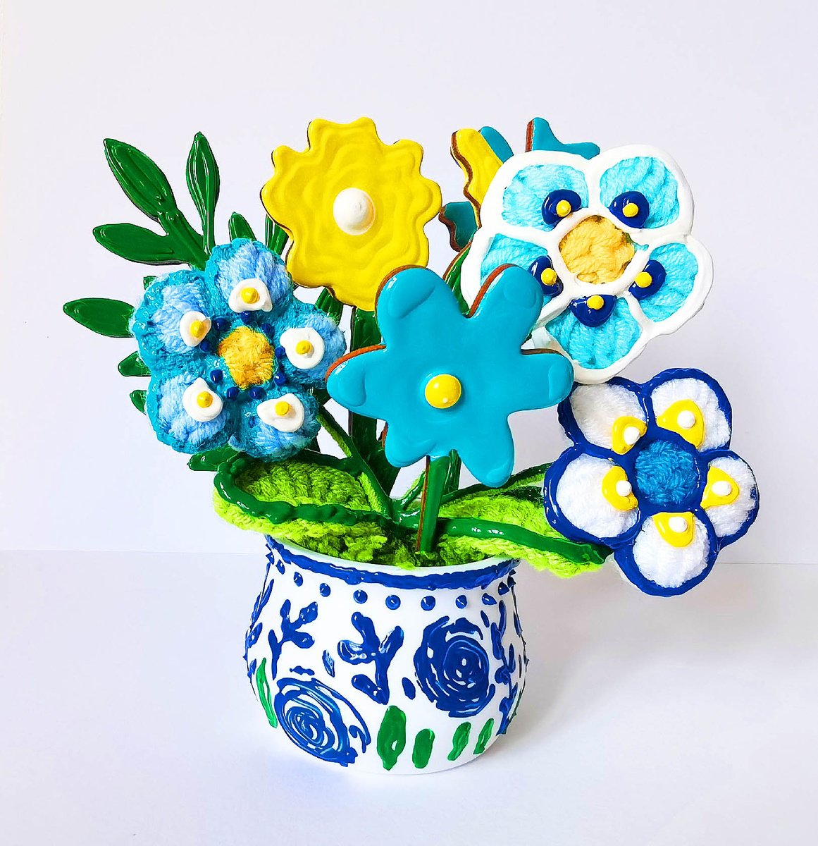 Blue crochet flowers in vase by BAST