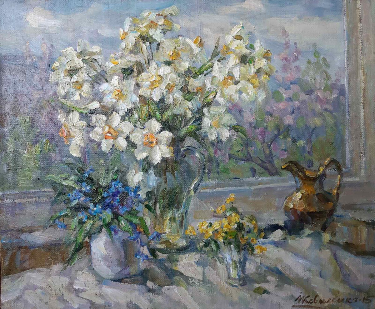 Impressionistic Still Life Oil Painting By Ivan Kovalenko, 24 X 20, Flower By The Window, Original Artwork