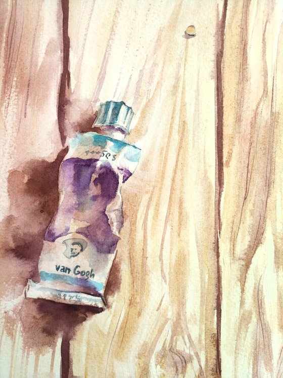 "Still life with tube of watercolor paint on a wooden table" original watercolor artwork