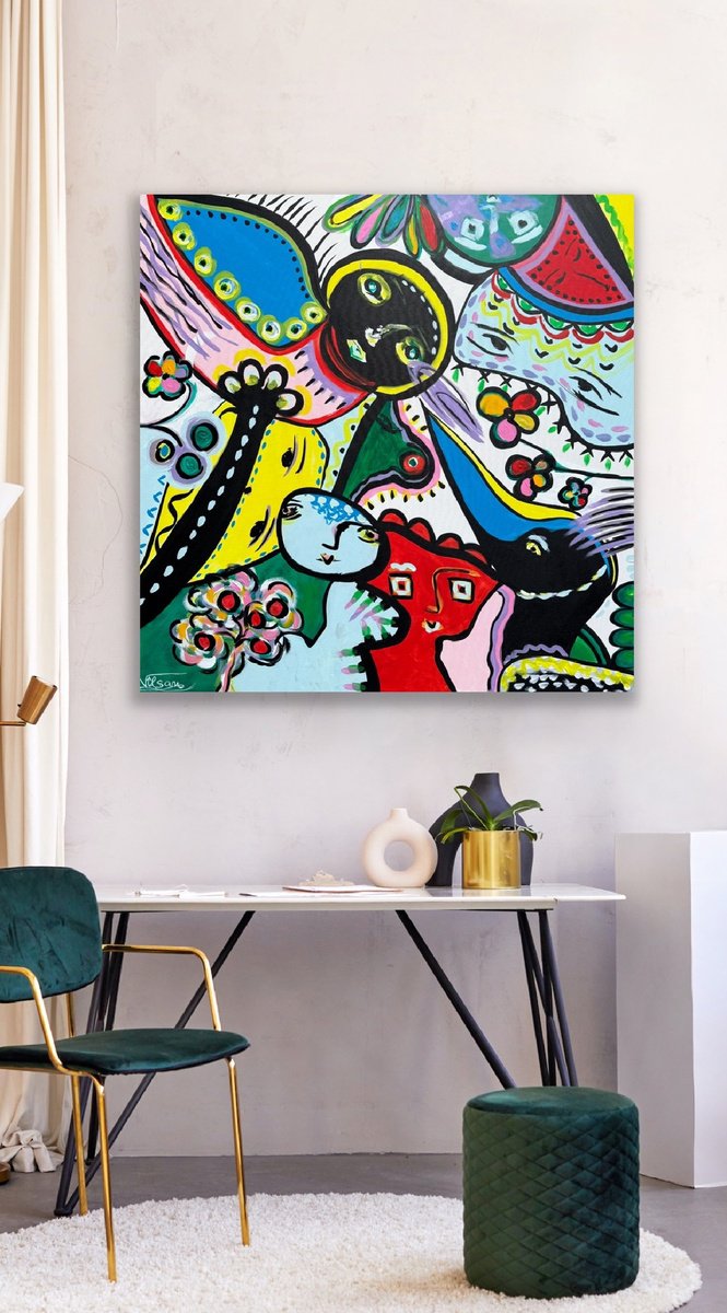 Organic Abstract Acrylic Painting By Veronica Vilsan, 39 X 39", Joyfulness, Original Artwork