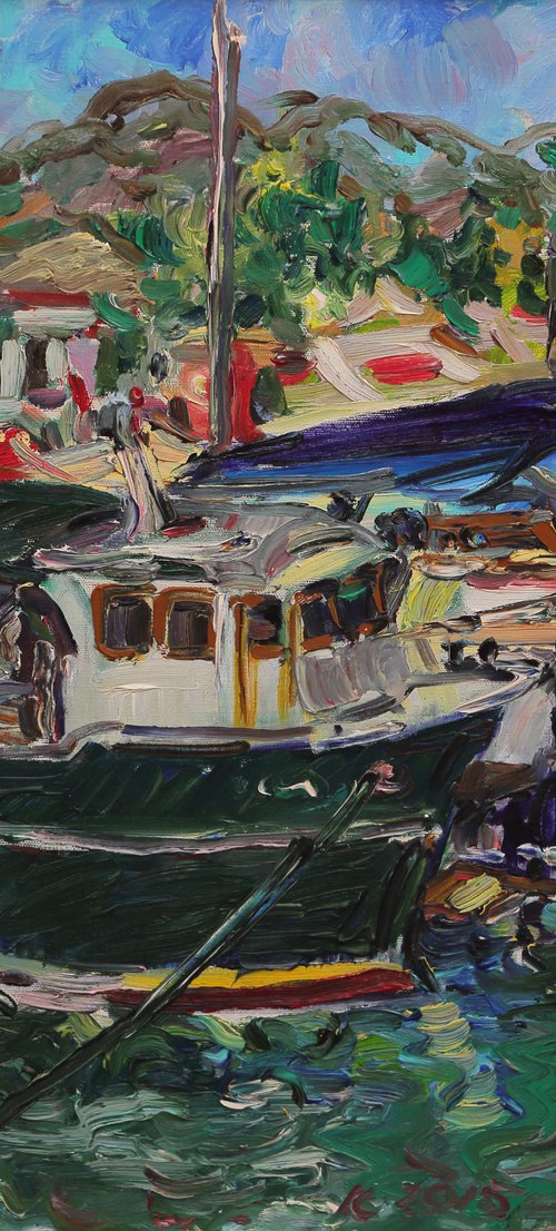 MARMARIS BOAT - marina landscape, original painting oil on canvas, boats, vacations holyday summer , seashore, water by Karakhan