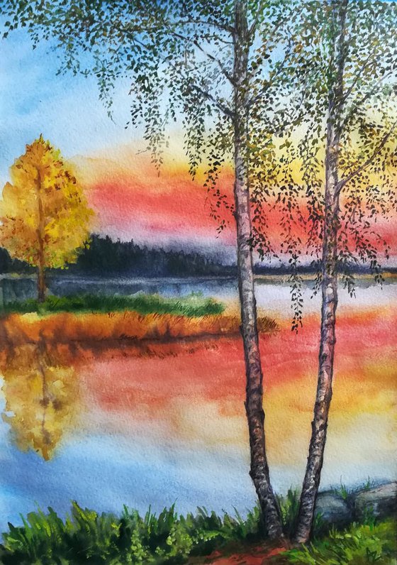 Two Birch Trees By the Lake
