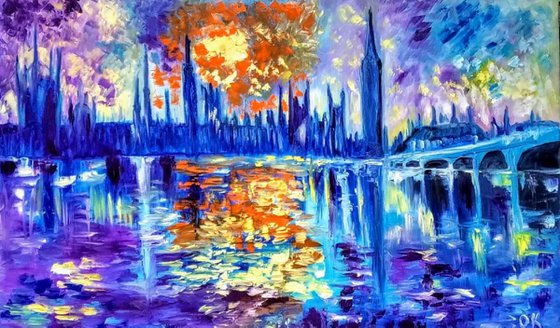 Sunset  in London 90 x 55 cm Big Ben. House of Parliament. 90 x55 LARGE OIL PAINTING