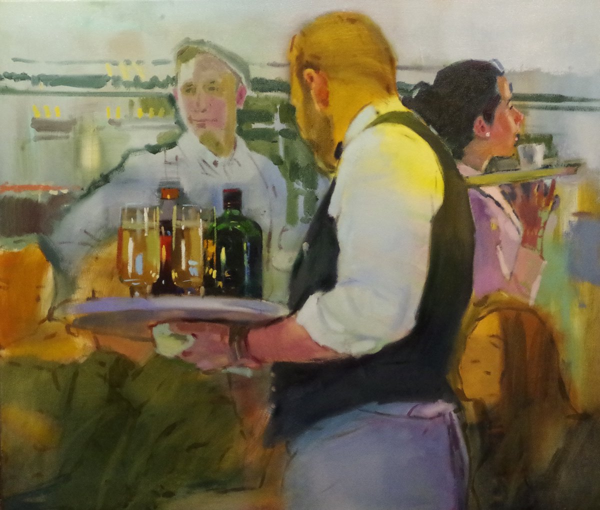 Impressionistic Portrait Oil Painting By Vygandas Doveika, 28 X 24", Evening In A Cafe, Original Artwork