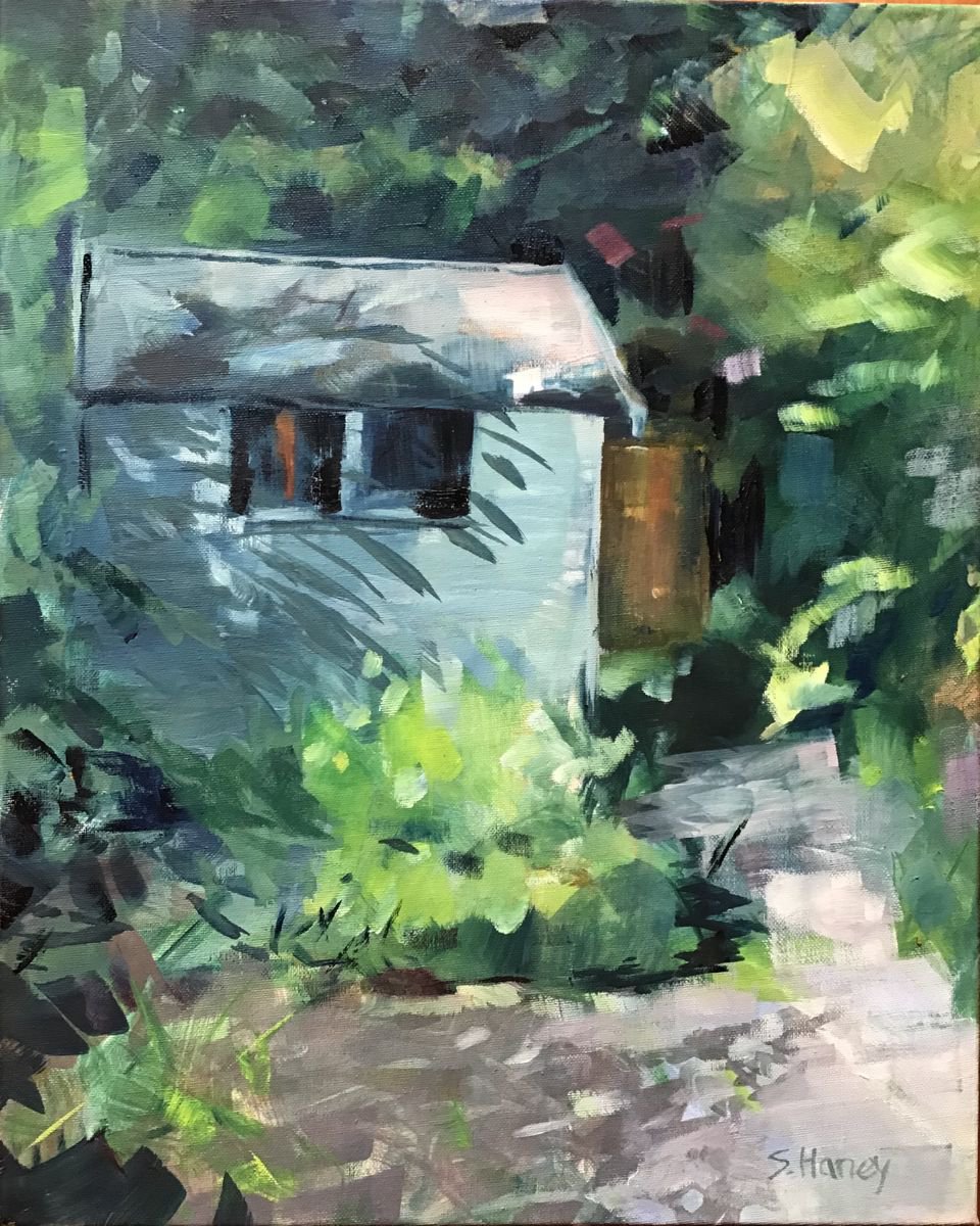Expressive Landscape Oil Painting By Sandra Haney, 16 X 20", Garden Shed, Original Artwork