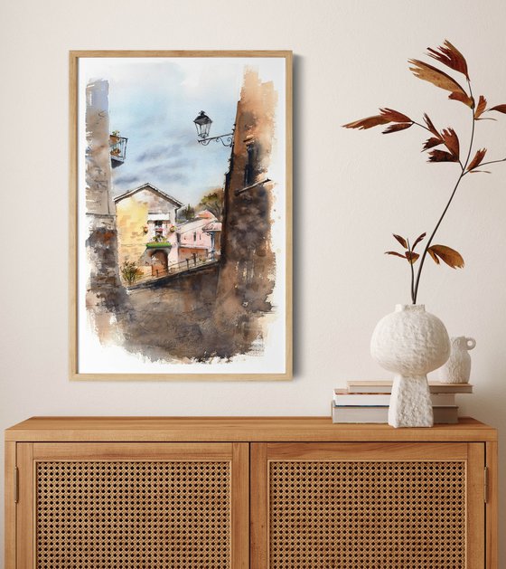 Old Architecture in Italy Scene Watercolor Painting