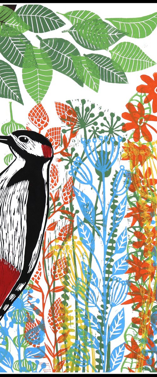Woodpecker and Flowers by Mariann Johansen-Ellis