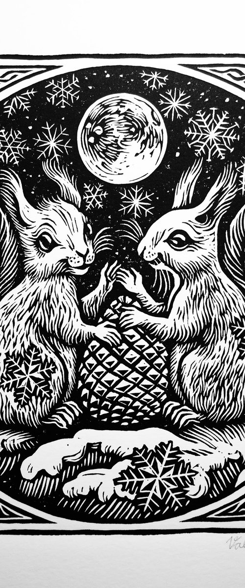 Squirrel Linocut Print. by Valdis Baskirovs