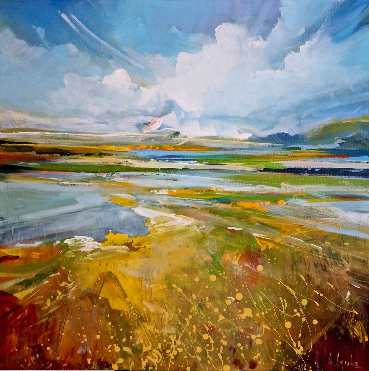 Abstract Landscape Acrylic Painting By Irina Laube, 20 X 20, Summer Day, Original Artwork