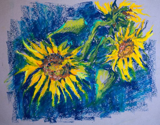 Still life with sunflowers in blue. Oil pastel painting. Small decor interior dark blue expression impression