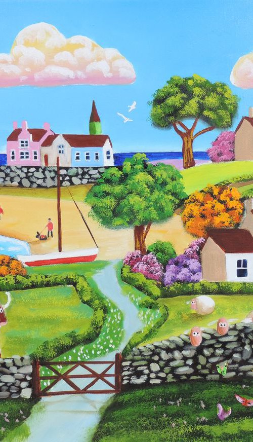 Happy seaside sheep & cow painting by Gordon Bruce