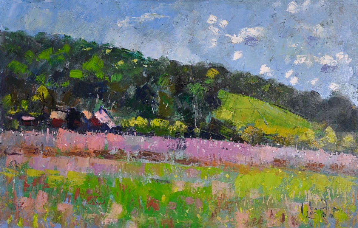 Impressionistic Landscape Oil Painting By Andre Pallat, 36 X 24, Fiels Near Warningcamp, Original Artwork