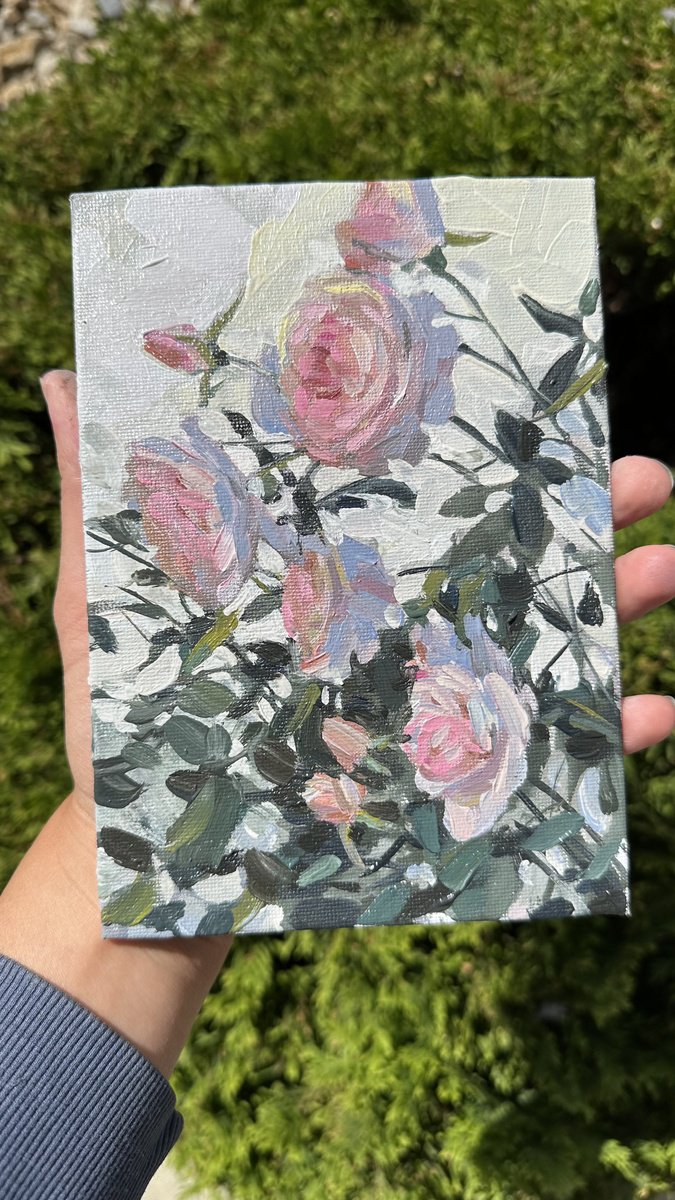 Impressionistic Botanical Oil Painting By Olha Retunska, 5 X 7", Vernon Roses, Original Artwork