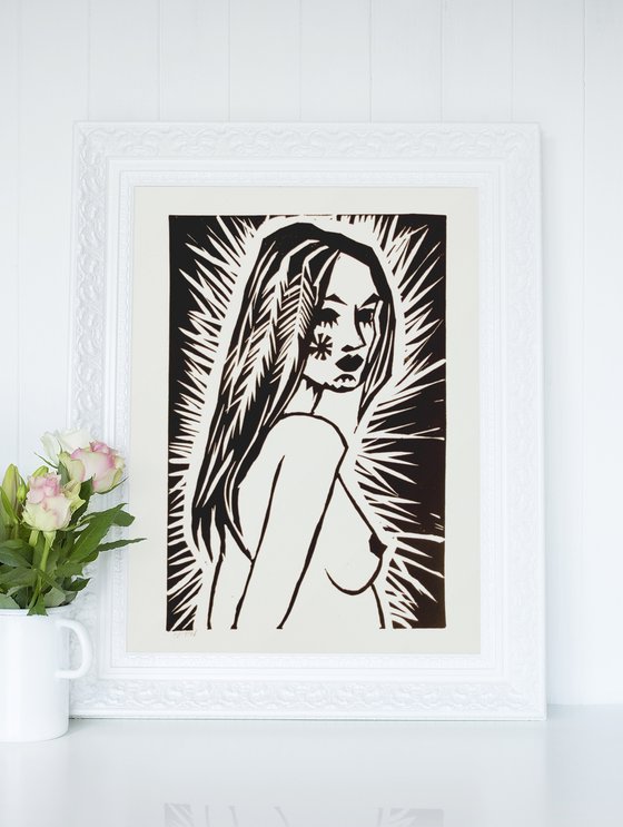 Standing Nude Expressionist Lino Cut Hand Pulled Print
