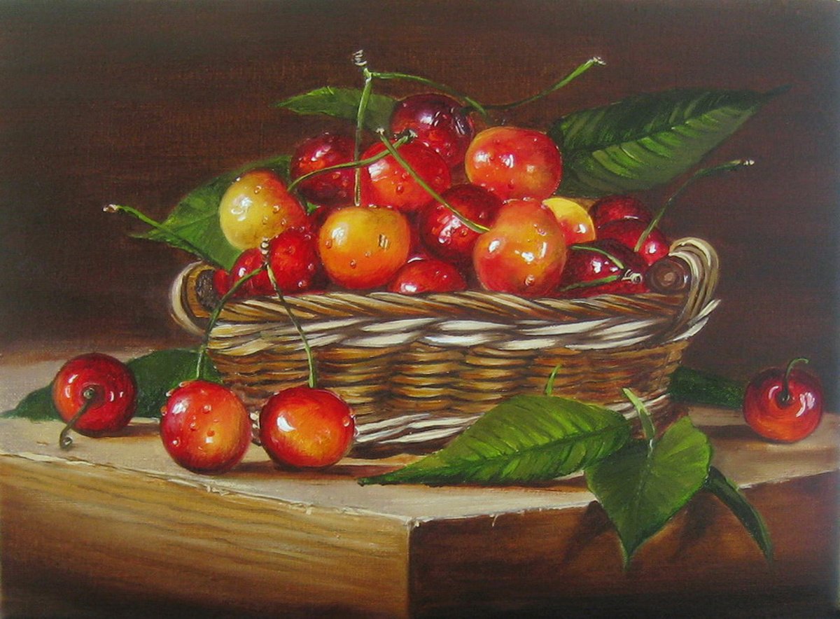 Impressionistic Still Life Oil Painting By Natalia Shaykina, 10 X 8", The Cherry In A Basket., Original Artwork