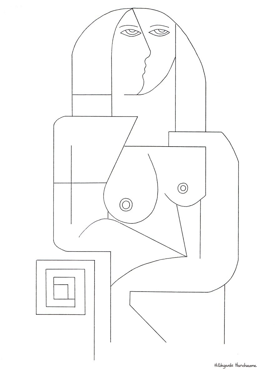 Geometric Portrait Ink Drawing By Hildegarde Handsaeme, 22 X 30, Architectural Muse, Original Artwork