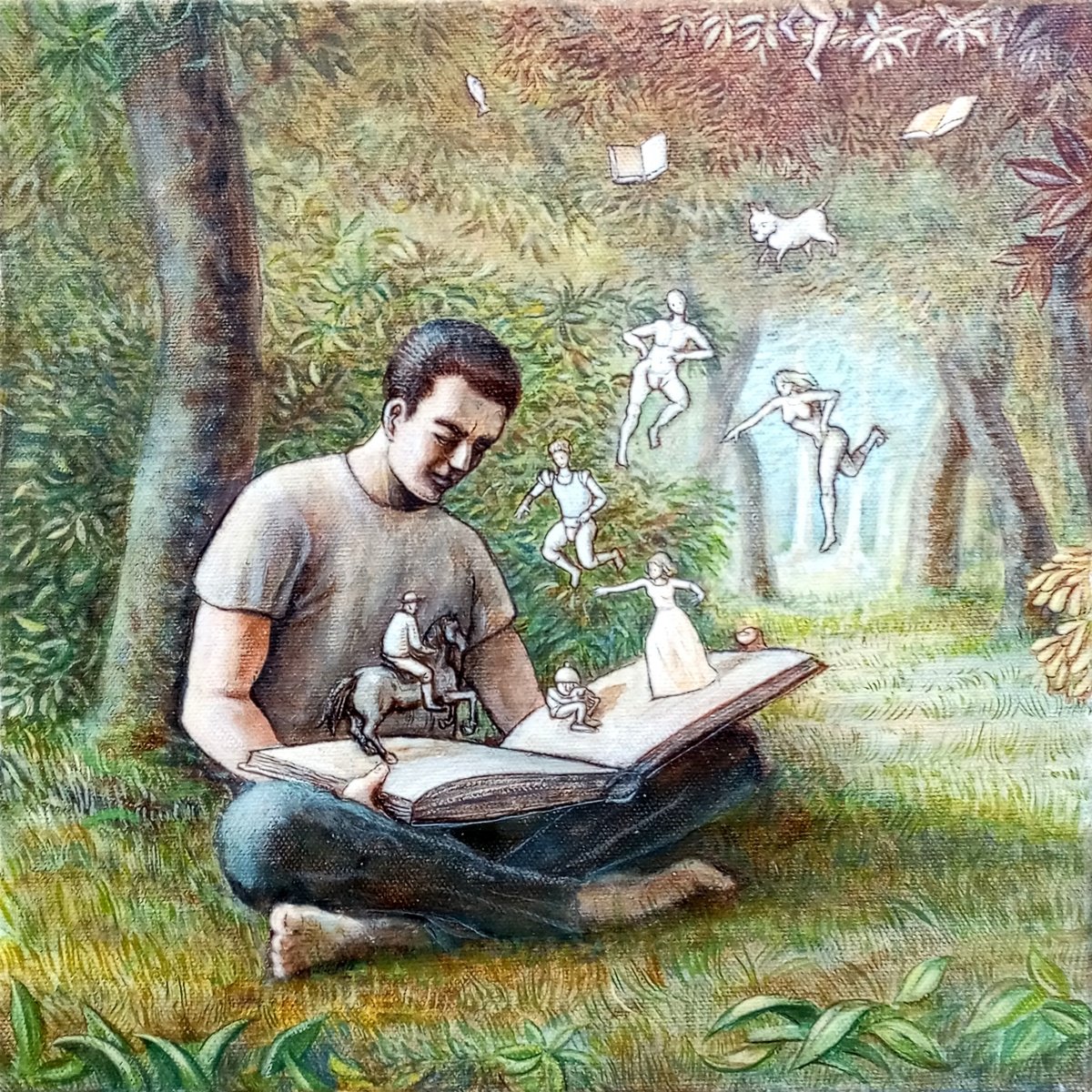 Illustrative Portrait Oil Painting By Paolo Beneforti, 12 X 12", A Book In The Woods, Original Artwork