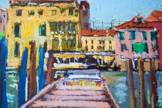 Venice. View of the Canal and boats. Cities of my dreams series. Small oil pastel drawing bright colors italy