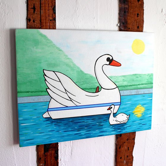 Swan Boat With Swan on Boating Lake - Spring Version - Painting on Canvas