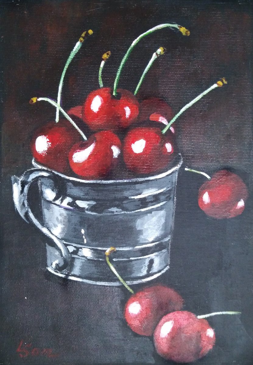 Red cherries on black by Liubov Samoilova