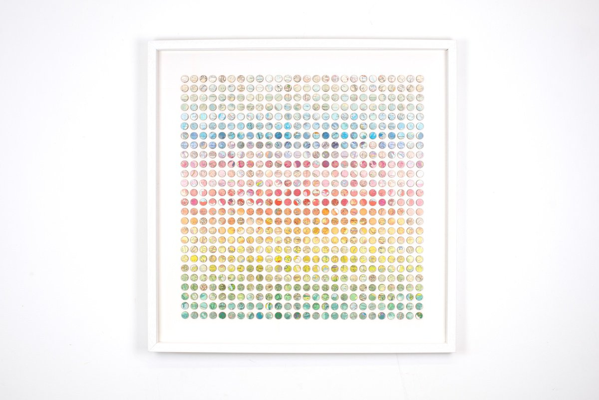 Geometric Transport Collage By Amelia Coward, 28 X 28, World Map Rainbow Dots, Original Artwork