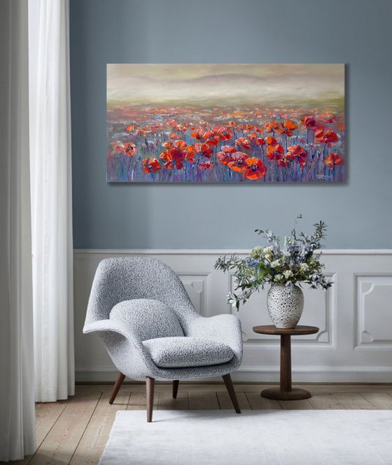 "Field of red poppies". Scenery. Flowers. Original oil painting