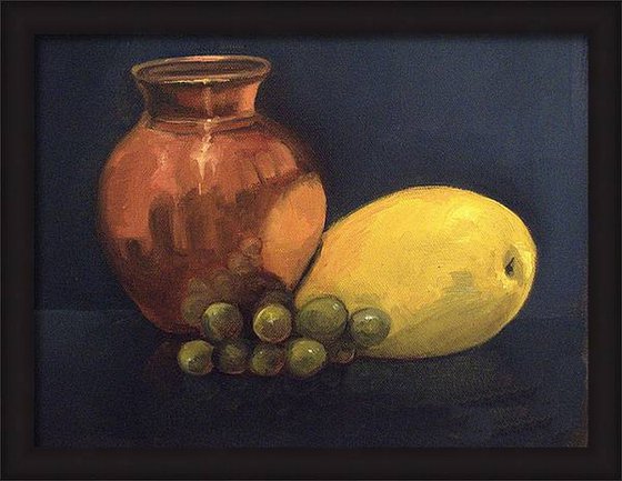 Still life with copper pot and fruits