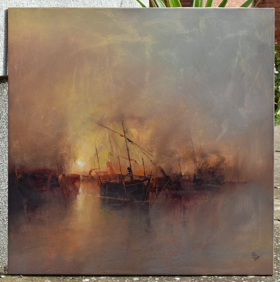 " Harbor of destroyed dreams - Hazy morning " W 70 x H 70 cm