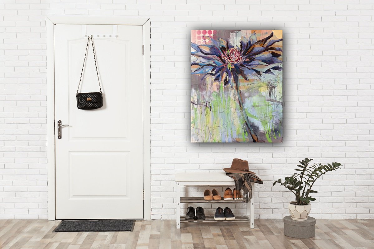 Expressive Botanical Acrylic Painting By Marita Tobner, 31 X 39", Blueprint, Original Artwork