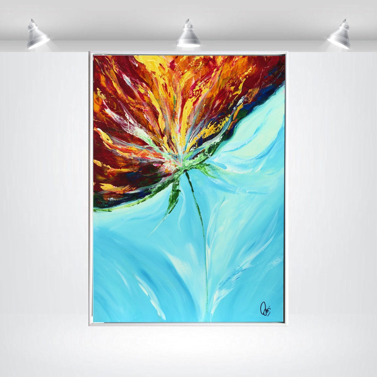 Abstract Botanical Acrylic Painting By Edelgard Schroer, 21 X 29, Flame Bloom Ii, Original Artwork