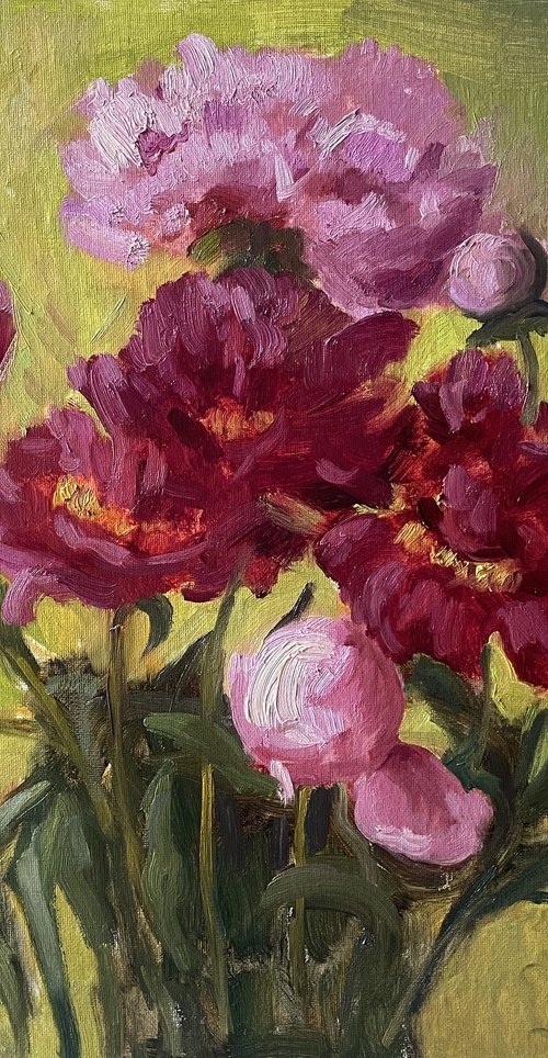 Peonies on yellow by Kate Sosonna