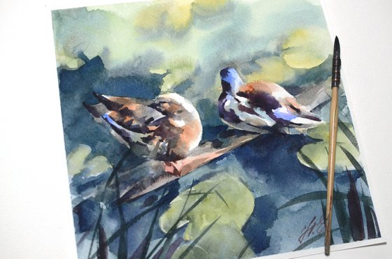 Couple of ducks on the river, Watercolor painting