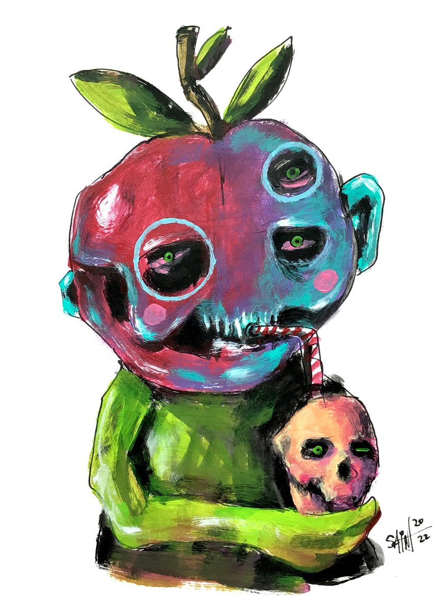 #58 Apple Zombie portrait painting original art, Horror Naive Outsider Folk Art Brut Stran... by Ruslan Aksenov