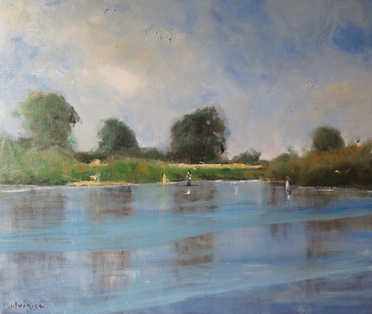 Impressionistic Landscape Oil Painting By Malcolm Ludvigsen, 24 X 20", The River Ouse, Aug 27, Original Artwork