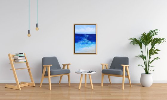 Abstract Seascape Coastal Painting. Sailboats, Beach, Ocean, Sea Waves, Sailing Yachts (2021). Coastal Decor Art.