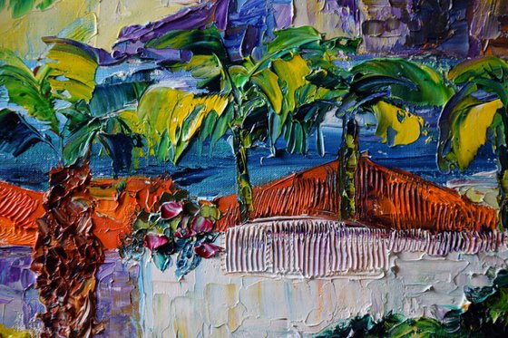 Island seascape original oil painting on canvas, coastal home decor, Spain palette knife artwork