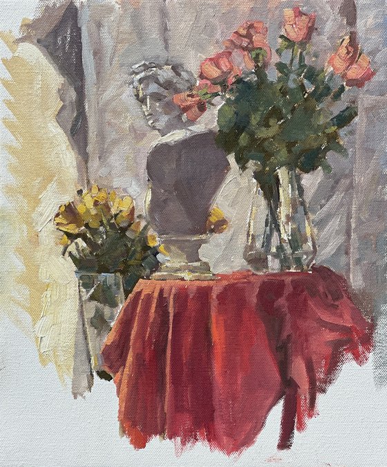 Still life with flowers, fabric and plaster bust