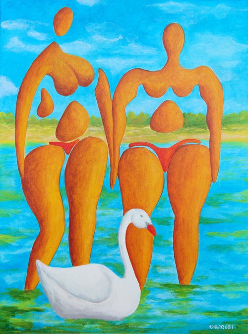 Bathing girlfriens with swan by Vamosi Peter